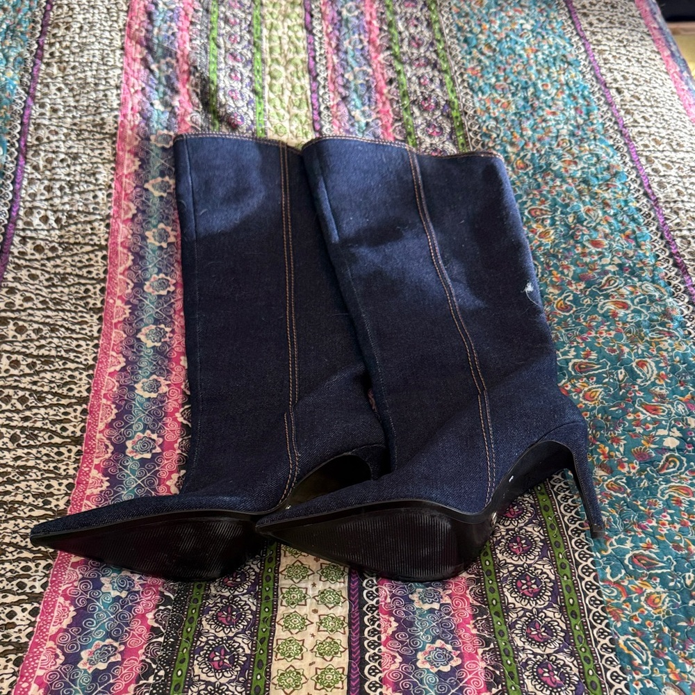 Zara Navy Denim Knee High Stiletto Boots - Picture 3 of 6